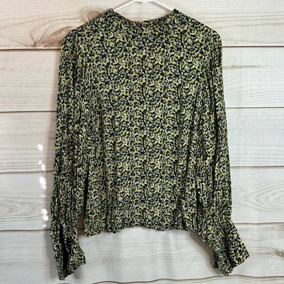 H&M Green & Yellow Long Sleeve Keyhole Back Blouse Size Small - Picture 1 of 6